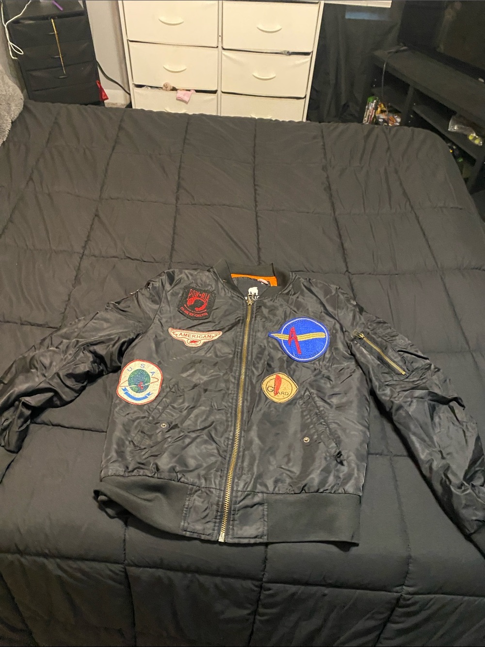 Black Bomber Jacket with Patch Accents